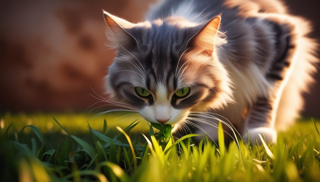 chat qui mange de l'herbe